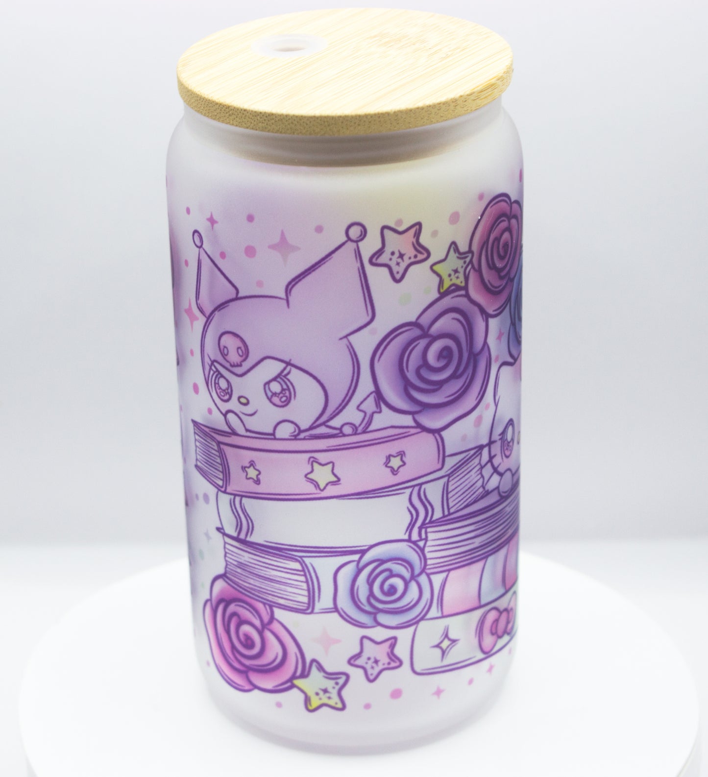 Kawaii Kitty books and Friends- Glass can Cup 16 oz (Frosted)