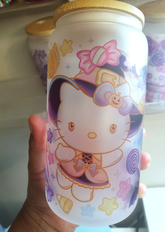 Witch Kitty Glass can Cup 16 oz (Frosted)