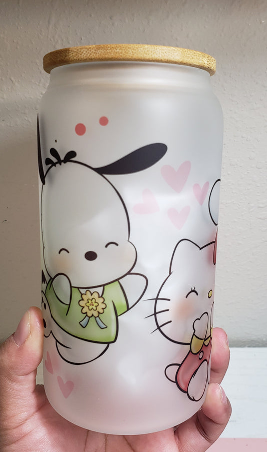 Kawaii Kitty and Friends- Glass can Cup 16 oz (Frosted)