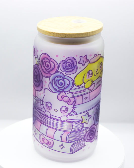 Kawaii Kitty books and Friends- Glass can Cup 16 oz (Frosted)