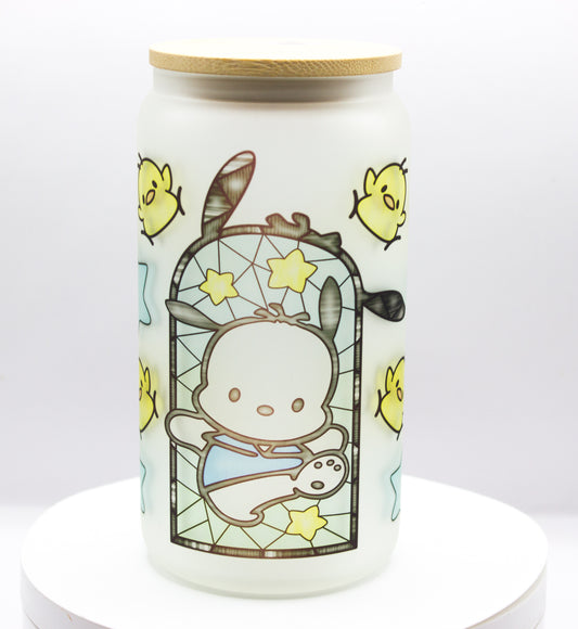 Kawaii White Dog Glass can Cup 16 oz (Frosted)